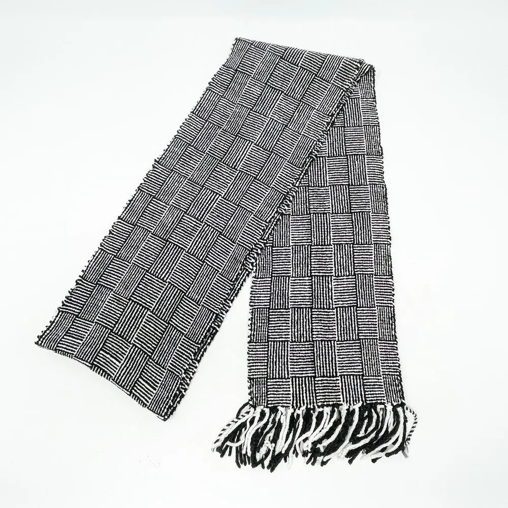 Modern Black White Chenille Fringe Scarf Checkerboard Stripe Geometric Soft